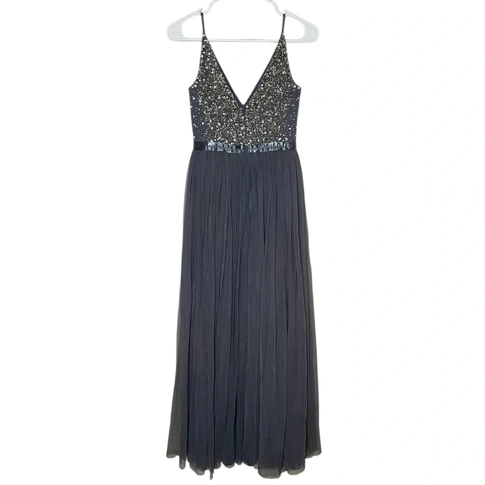 BHLDN Anthropologie Avery Beaded Tulle Maxi Dress Gown in Hydrangea Size 0